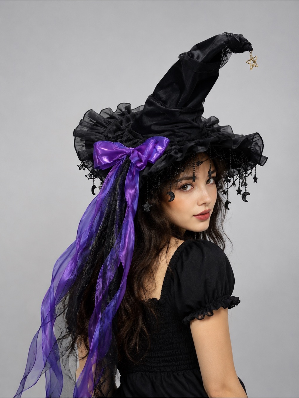 Halloween Witch Hat Black Lace Purple Detachable Bow Star Moon Gothic Costume